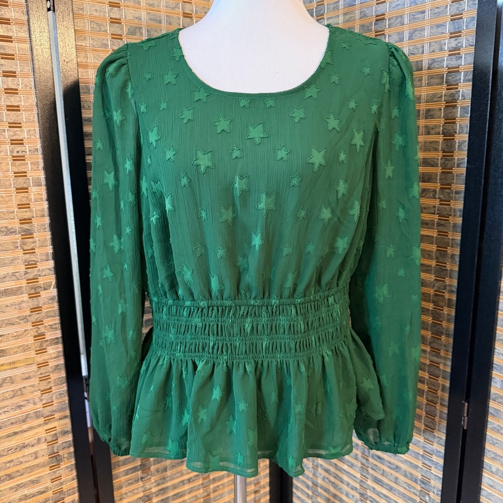 Torrid Peplum Blouse Women 0 Green Star Textured Smocked Waist Long Sleeve Top